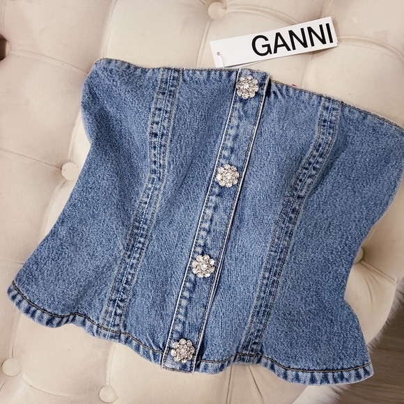 Ganni Tops - Ganni Rhinestone Embellished Blue Denim Bustier